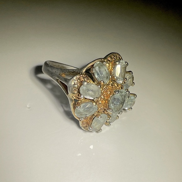 Vintage Aquamarine 925 M Cluster Rare Floral Antique Cluster Ring - Picture 9 of 10